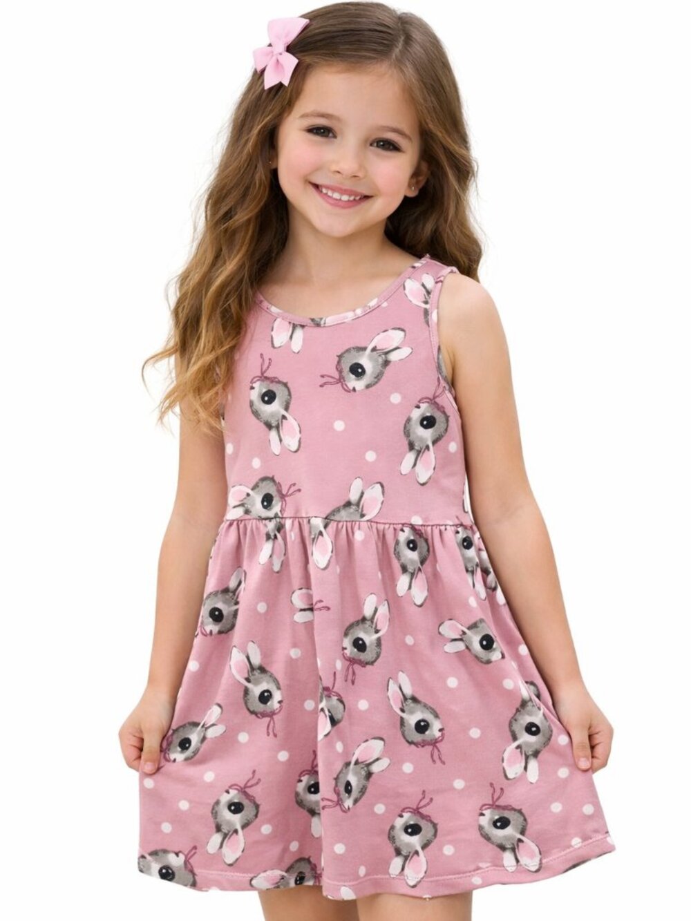 H&M Girls Fit & Flare Bunny Print Dress Pink White Sleeveless Scoop Neck Size 6X